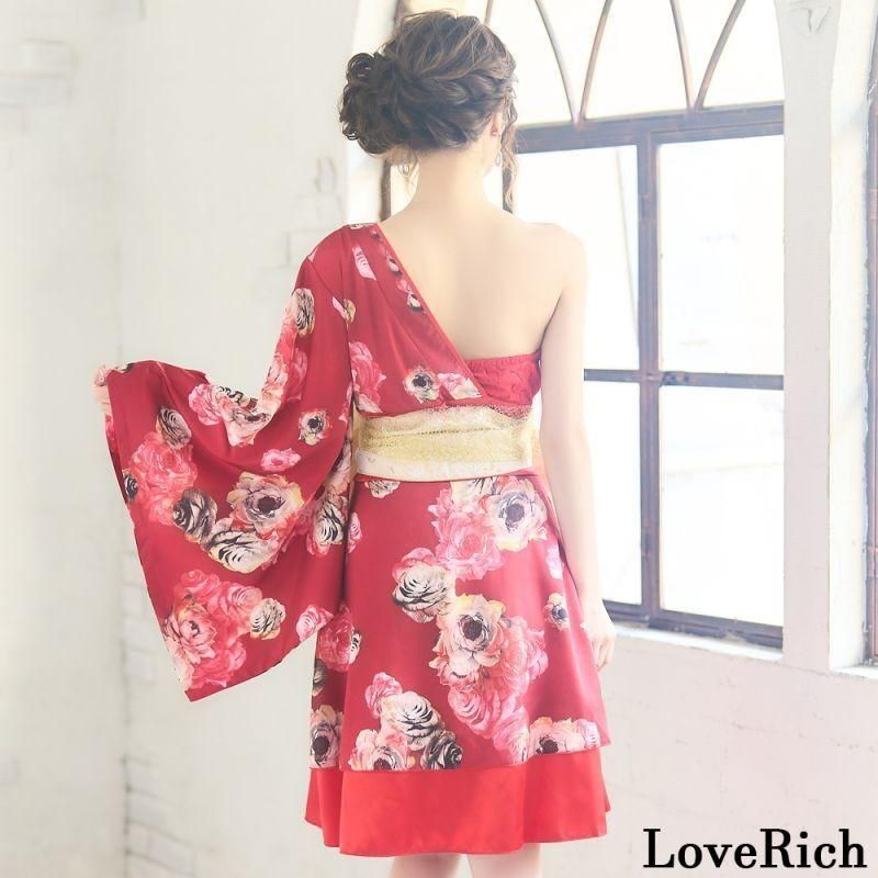 ラブリッチ♡キャバドレス　花魁　着物　アシンメトリー　フリーサイズ　グリーン LoveRich ラブリッチ アシンメトリー ワンショル レース 花柄 ミニ