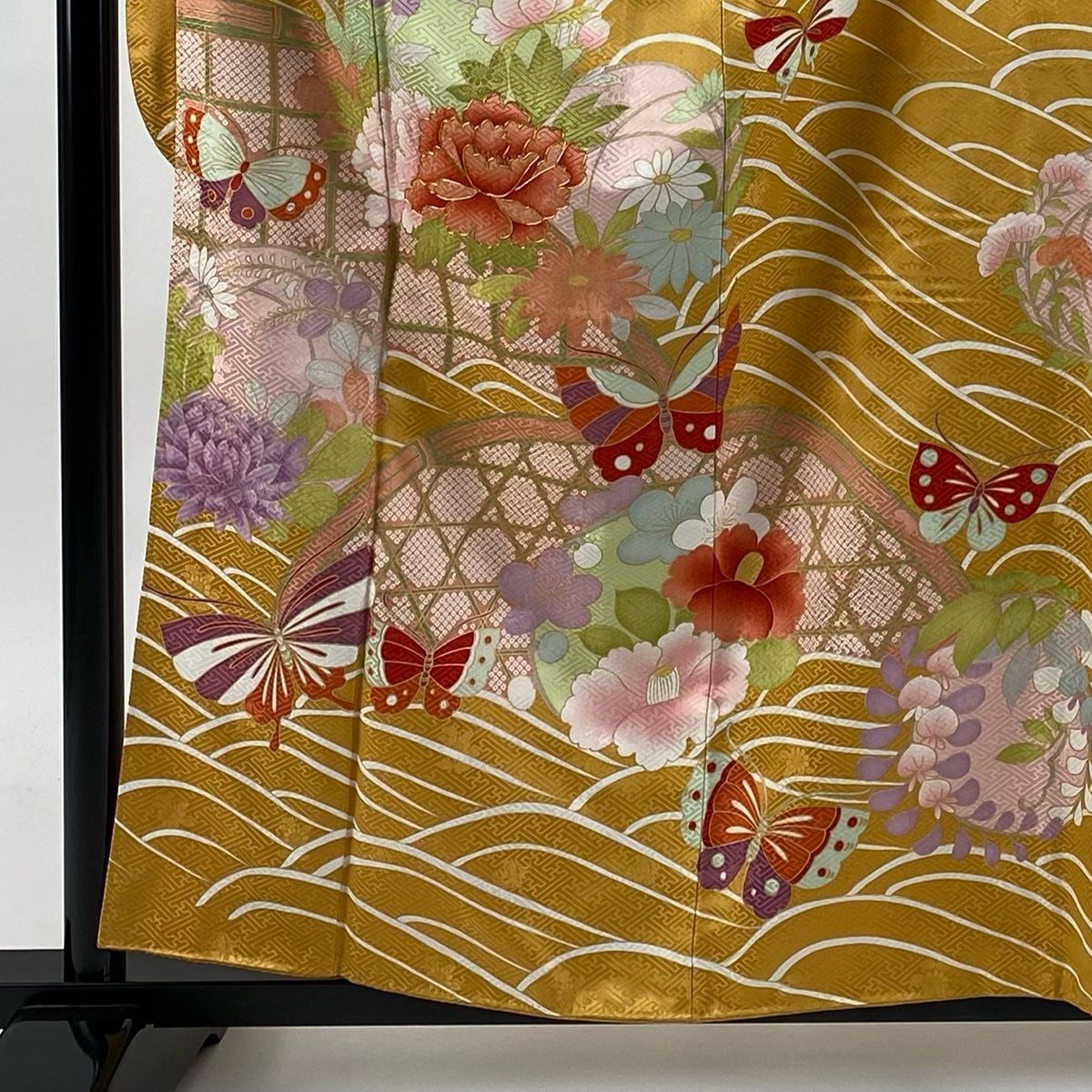振袖 身丈158cm 裄丈64.5cm M 袷 花丸文 蝶 金糸 金彩 山吹色 正絹 秀品 WWW_USTAUSTRALIA_COM_AU