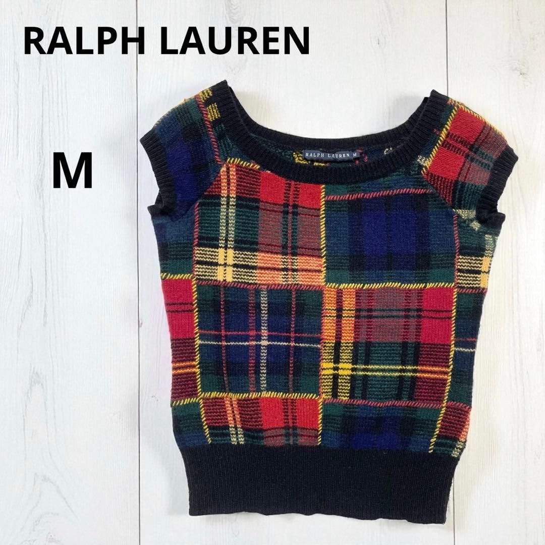 RALPH LAUREN ラルフローレン 羊毛-カシミア パッチワーク ブリティッシュタータン チェック ニット Mサイズ