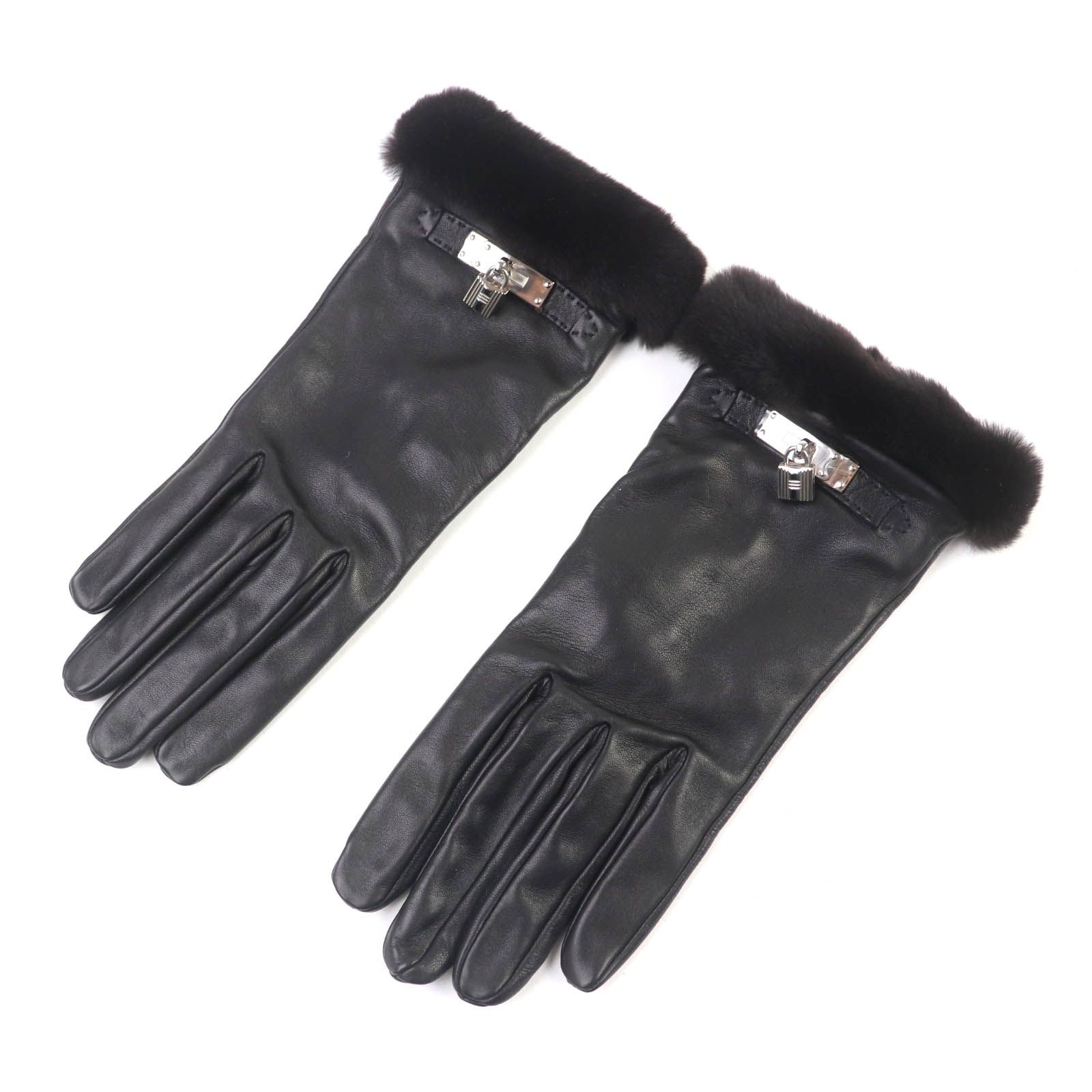 HERMES エルメス ミンク使い カデナ付デザイン レザー グローブ 手袋 ブラック 7.5 フランス製 レディース
