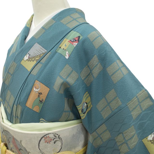 中古】 小紋 袷 着物 リサイクル 正絹 青緑 昔ばなし 竹取物語 中古】 小紋 袷 着物 リサイクル 正絹 青緑 昔ばなし 竹取物語