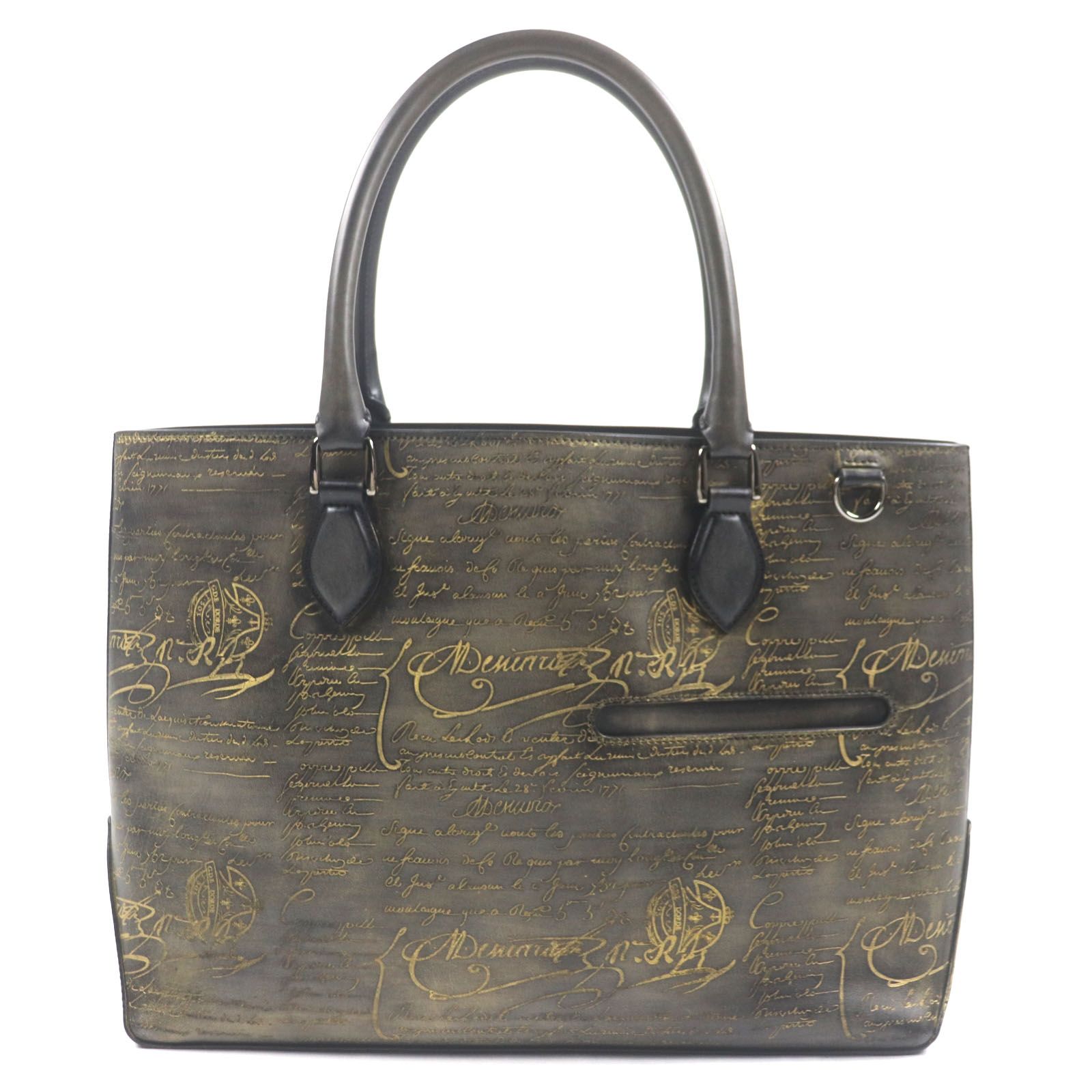 BERLUTI ベルルッティ トゥジュール スクリットレザー カリグラフィ ゴールデンパティーヌ トートバッグ グレー系 保存袋付き イタリア製 メンズ