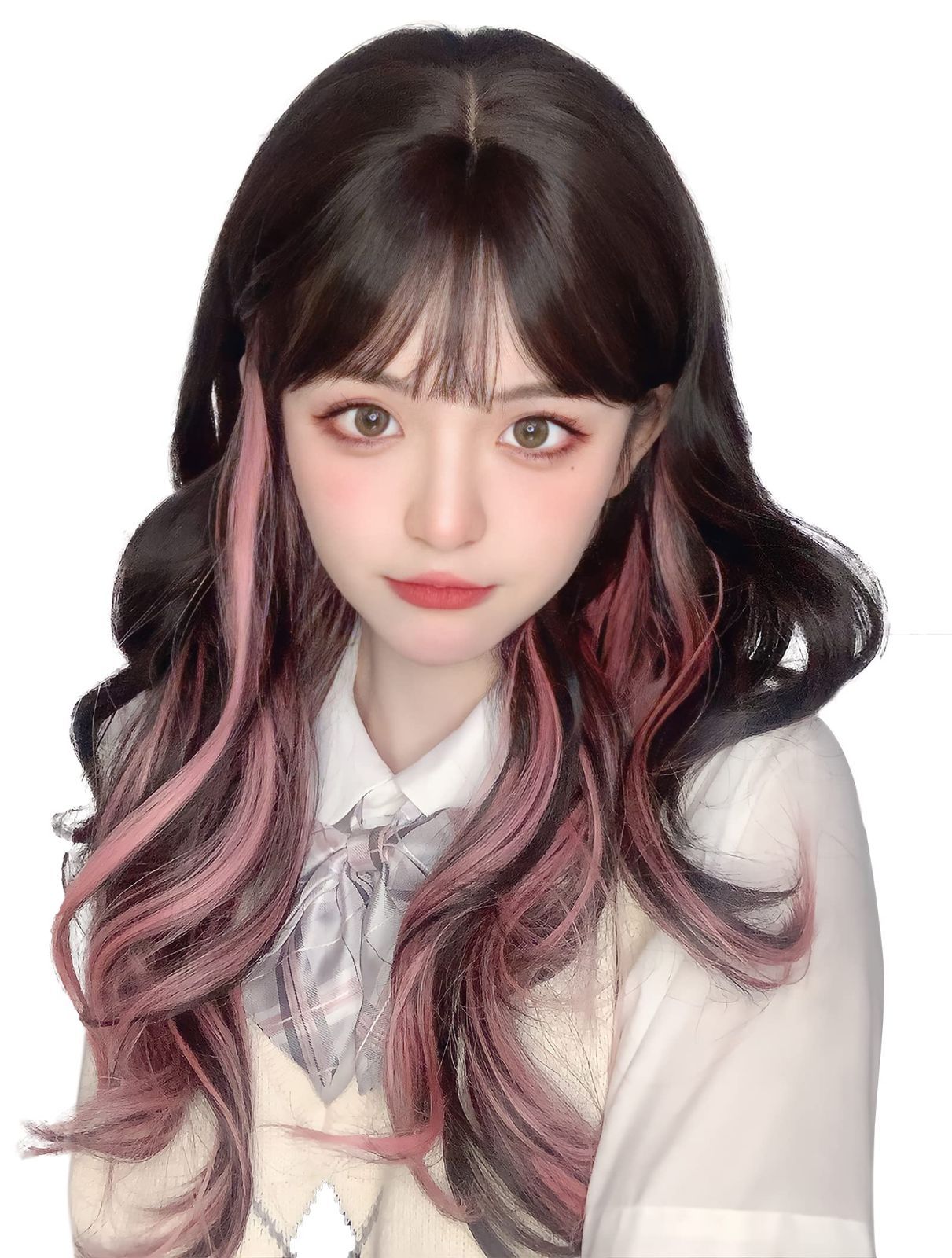 Limakaraウィッグ ロング 巻き髪 インナー ピンク セミロング カール フルウィッグ かつら レディース コスプレ ギャル 自然 ぱっつん 原宿系 小顔 耐熱 wig ファッション ネット 櫛付き ツートン ブラックピンク