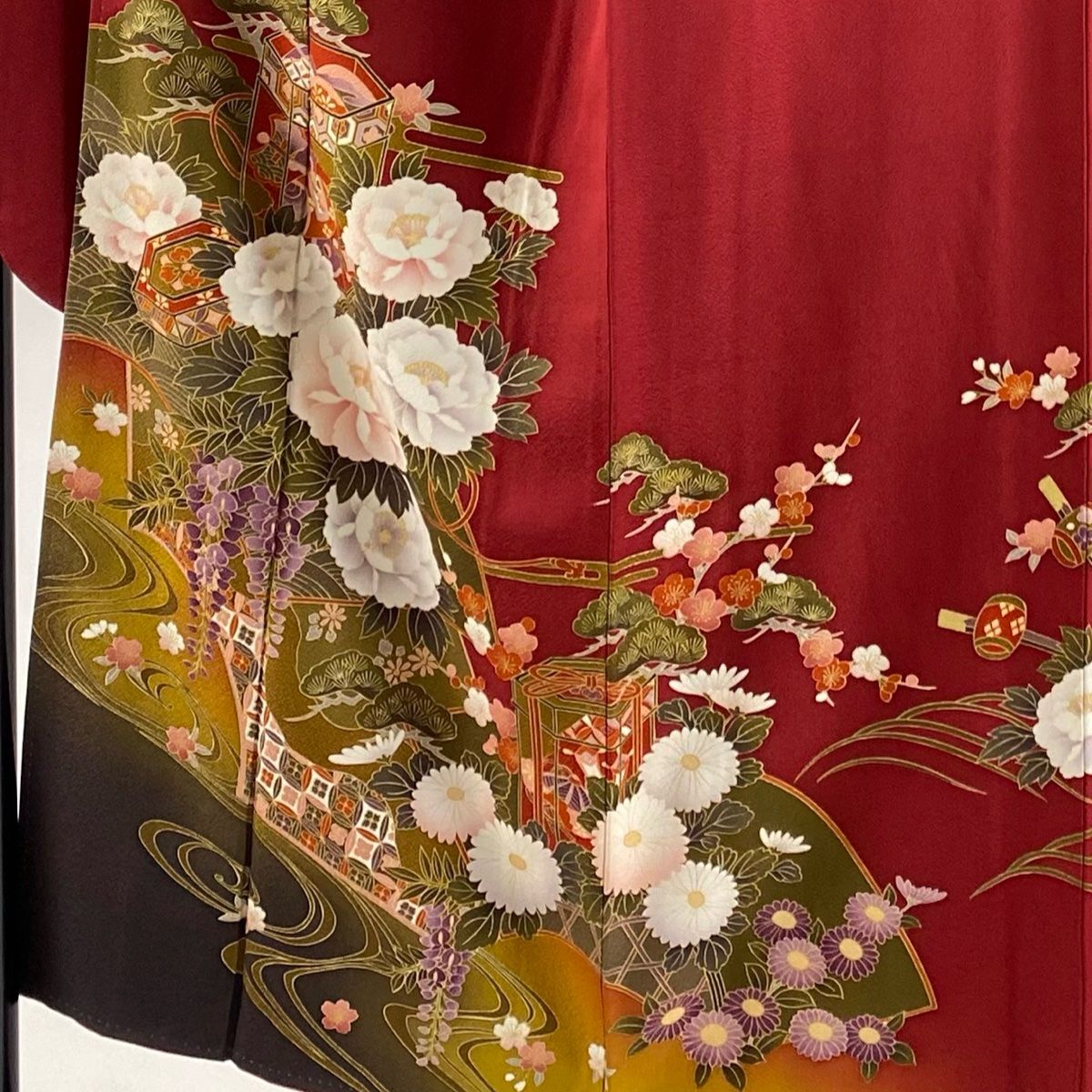 振袖 身丈155cm 裄丈63.5cm S 袷 貝桶 松竹梅 金糸 金彩 青紫 正絹 秀品 中古 付下げ 身丈155cm 裄丈63.5cm S 袷 扇 梅 刺繍 金糸 からし