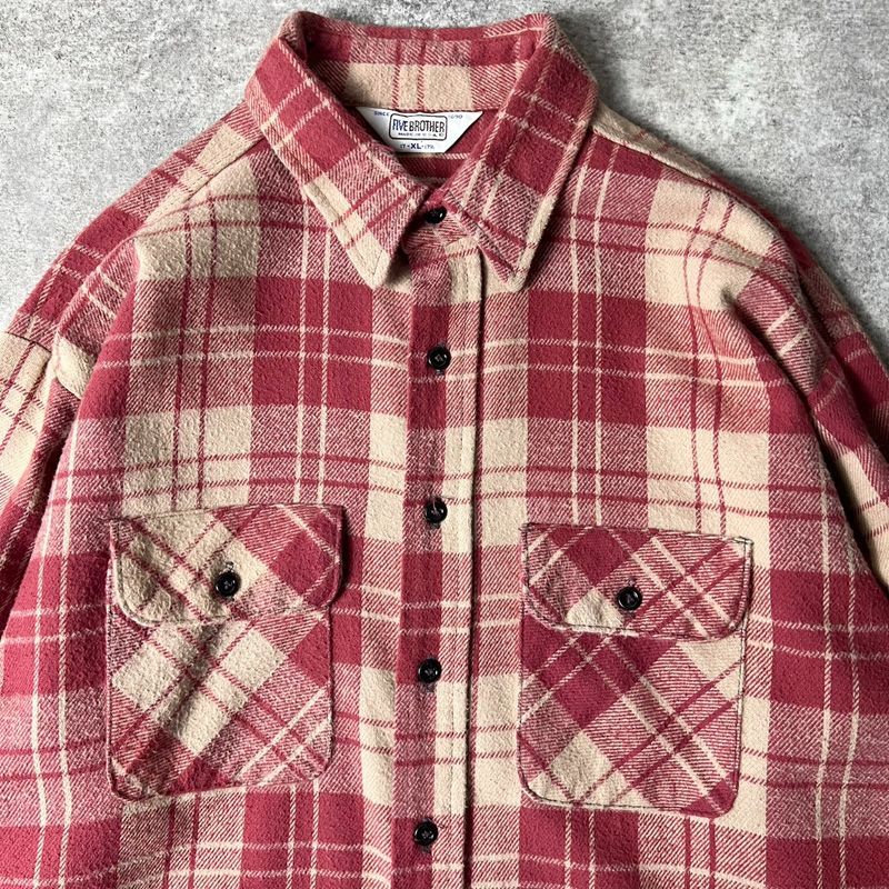 70s 80s USA製 FIVE BROTHER チェック 長袖 ヘビー フランネル シャツ