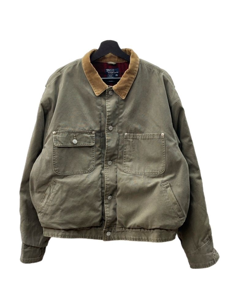 ラルフローレン RalphLauren 90s DUCK JACKET ダック ジャケット ワーク 革パッチ 襟コーデュロイ 裏地ブランケット アウター 緑 ジャケット ロゴ カーキ XLサイズ 104MT-1380