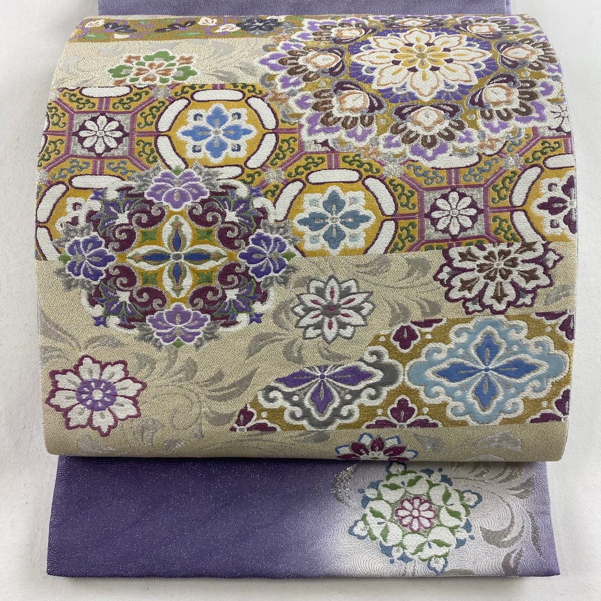 総刺繍 ドロンワーク 袋帯 銀通し 葡萄唐草 唐花 銀糸 お太鼓柄 Q925 総刺繍 ドロンワーク 袋帯 銀通し 葡萄唐草 唐花 銀糸 お太鼓柄 Q925