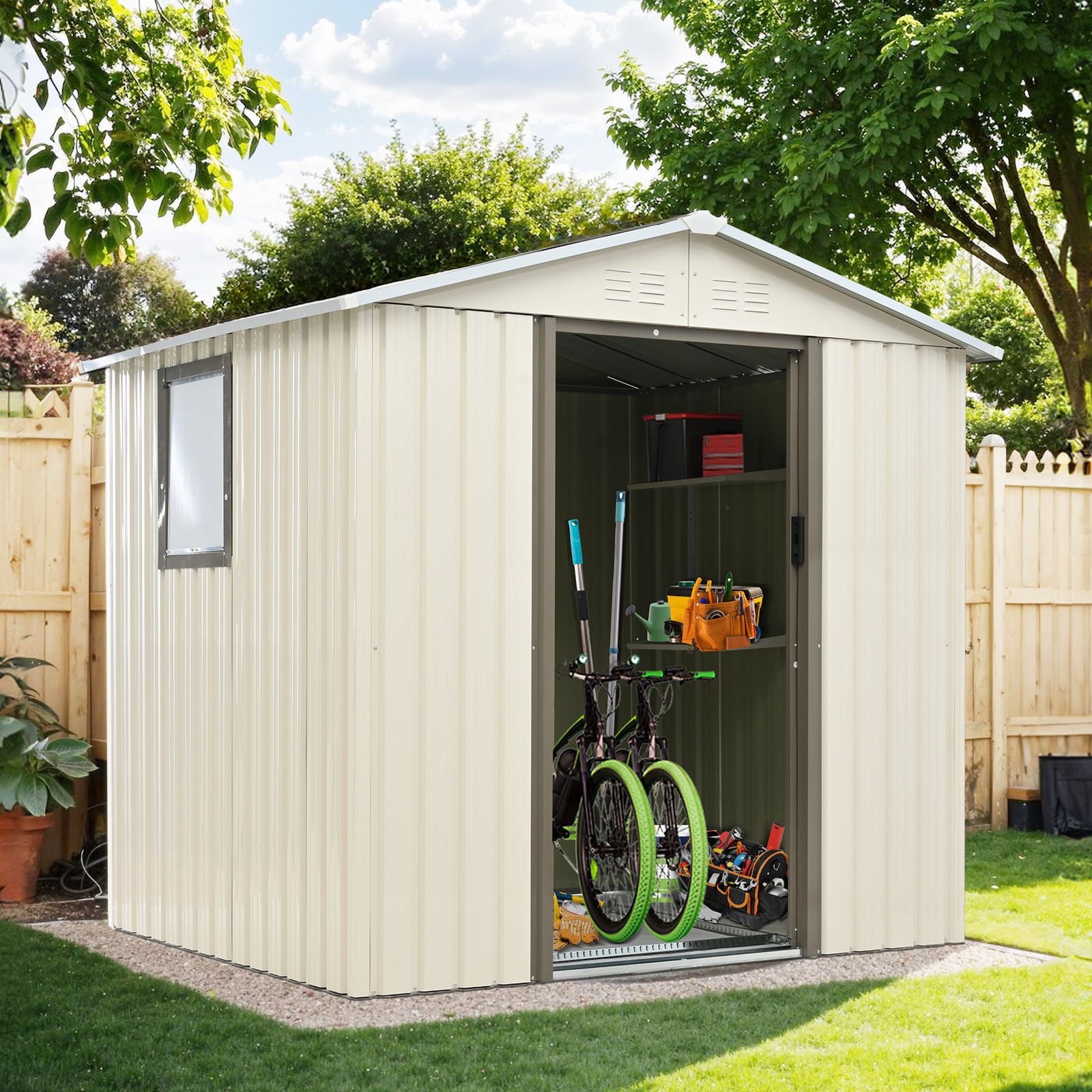 可動棚&すべり出し窓付き】物置 屋外 スチール 倉庫 床材補強フレーム  