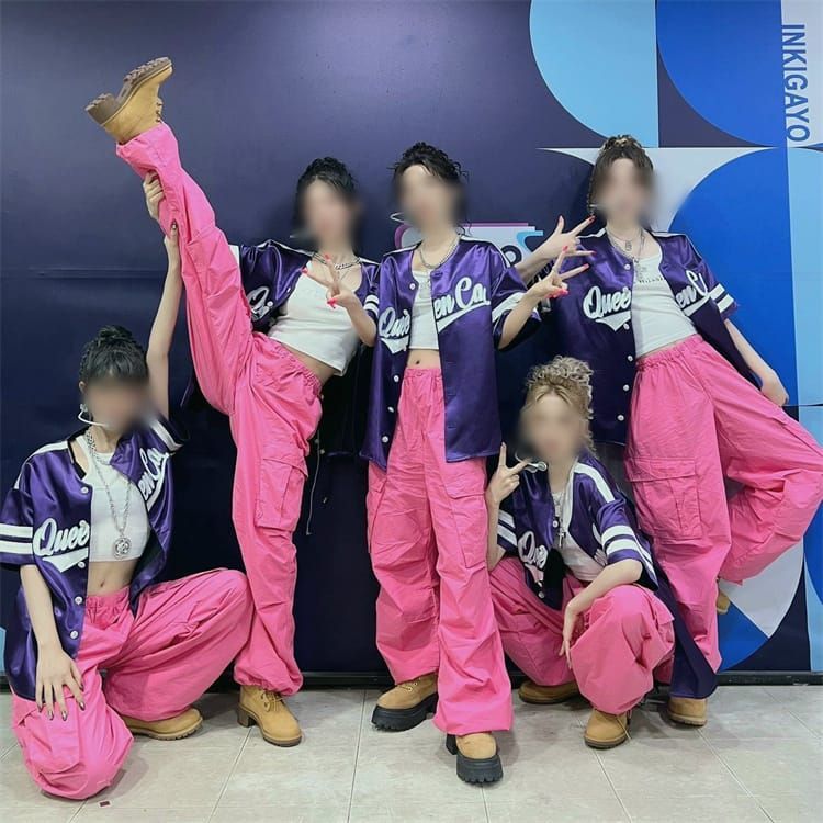 韓国ポールダンス衣装 上下Mサイズ Rose Rococo - Pink 紫 ベースボールシャツ 韓国 ダンス衣装 大人 レディース