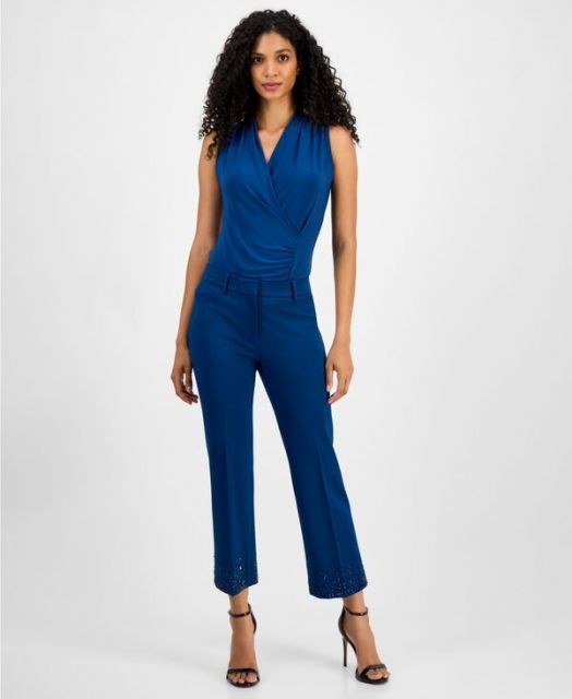 送料無料 アンクライン レディース カジュアルパンツ ボトムス Women s Embellished Mid-Rise Capri Pants Batlic Teal