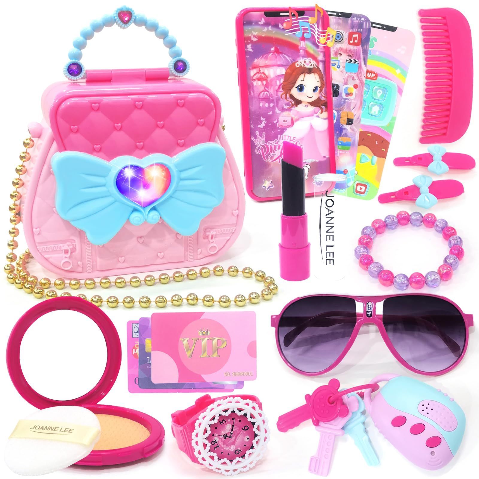 アクセサリー 鍵 ショルダーバッグ付き スマホおもちゃ 17PCS ドレッサーおもちゃ なりきり メイクアップ 女の子 ごっこ遊び お化粧セット おもちゃ 色が付けない メイクおもちゃ クリスマス