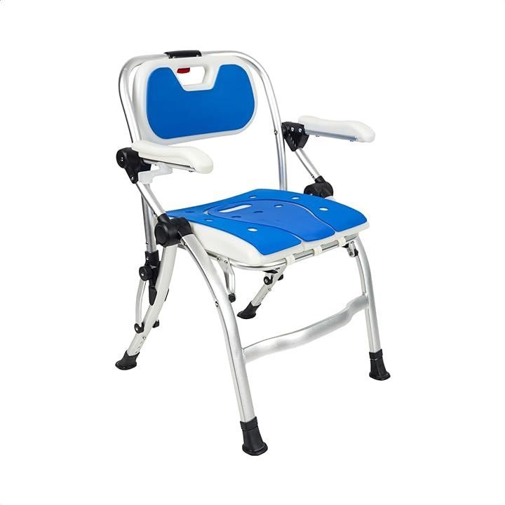 シャワーチェア 折りたたみ 組立不要 バスチェア 4段階高さ調節 軽量 丈夫 風呂椅子 背もたれ付き アルミ合金フレーム U形座面 ブルー PP-801 B