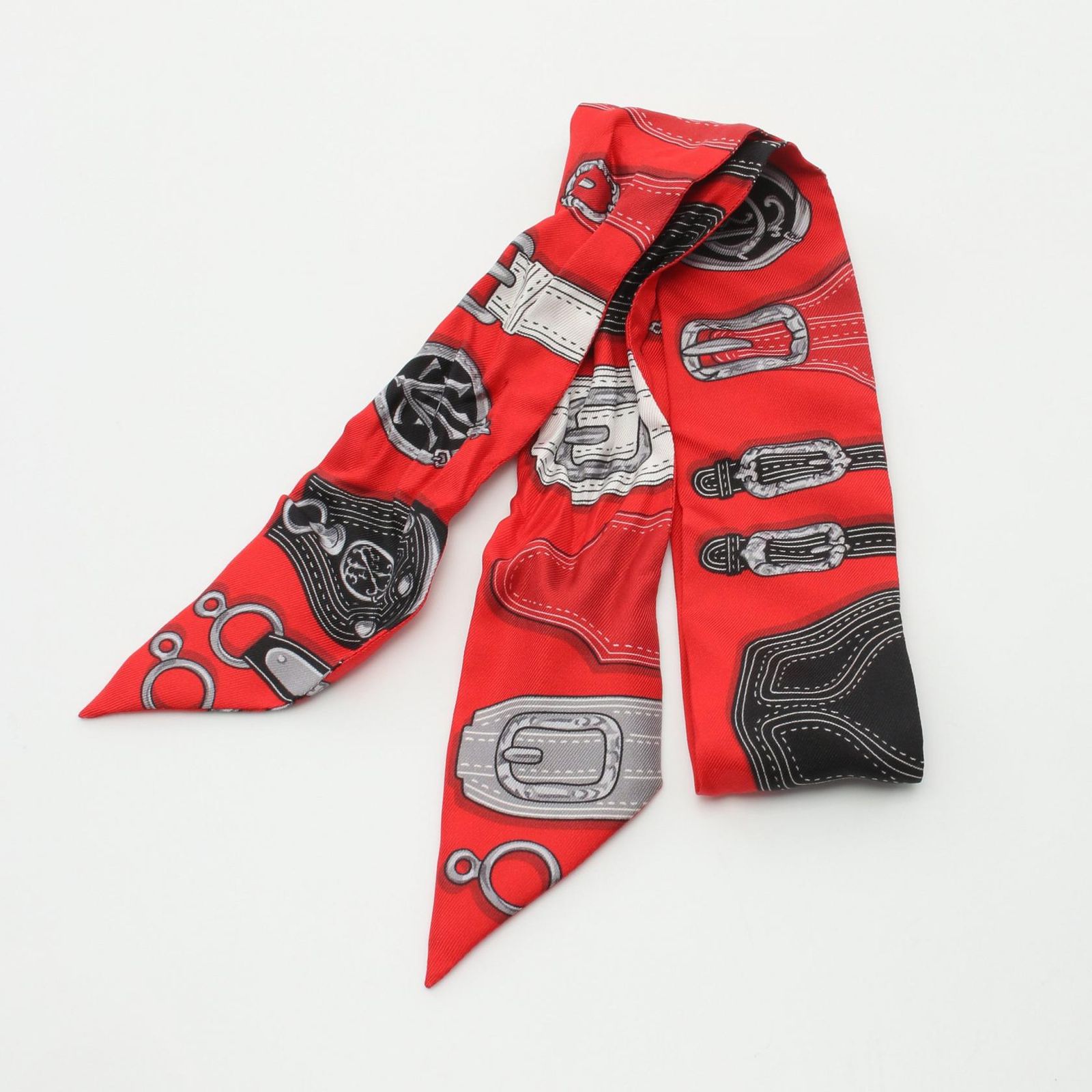 エルメス HERMES ツイリー HARNAIS DES PRESIDENTS Hermes Harnais des Présidents Red Black Grey Twilly Scarf