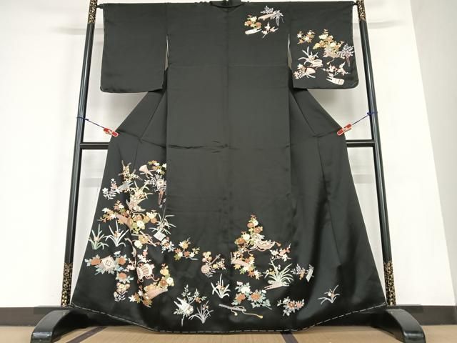 平和屋着物●訪問着　友禅　花楽器文　黒地　金彩　正絹　逸品　未使用　AABC0104zg 平和屋着物○訪問着 友禅 花楽器文 黒地 金彩 正絹 逸品 未使用