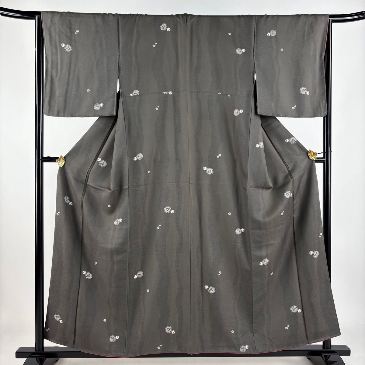 小紋 身丈158cm 裄丈65cm M 袷 草花 幾何学 灰茶 正絹 秀品