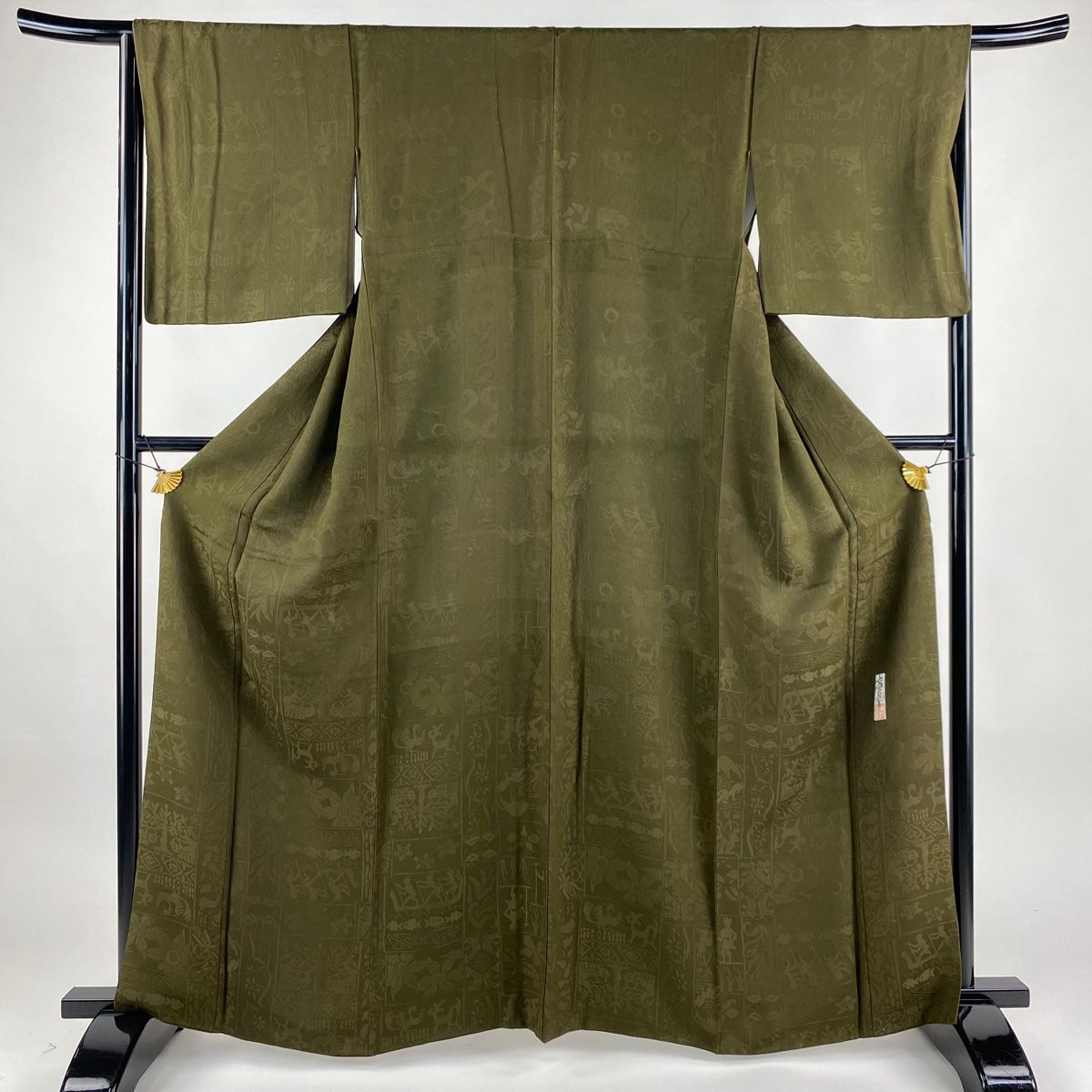色無地 身丈163.5cm 裄丈66cm M 袷 前田仁仙 落款 地紋 茶緑色 正絹  