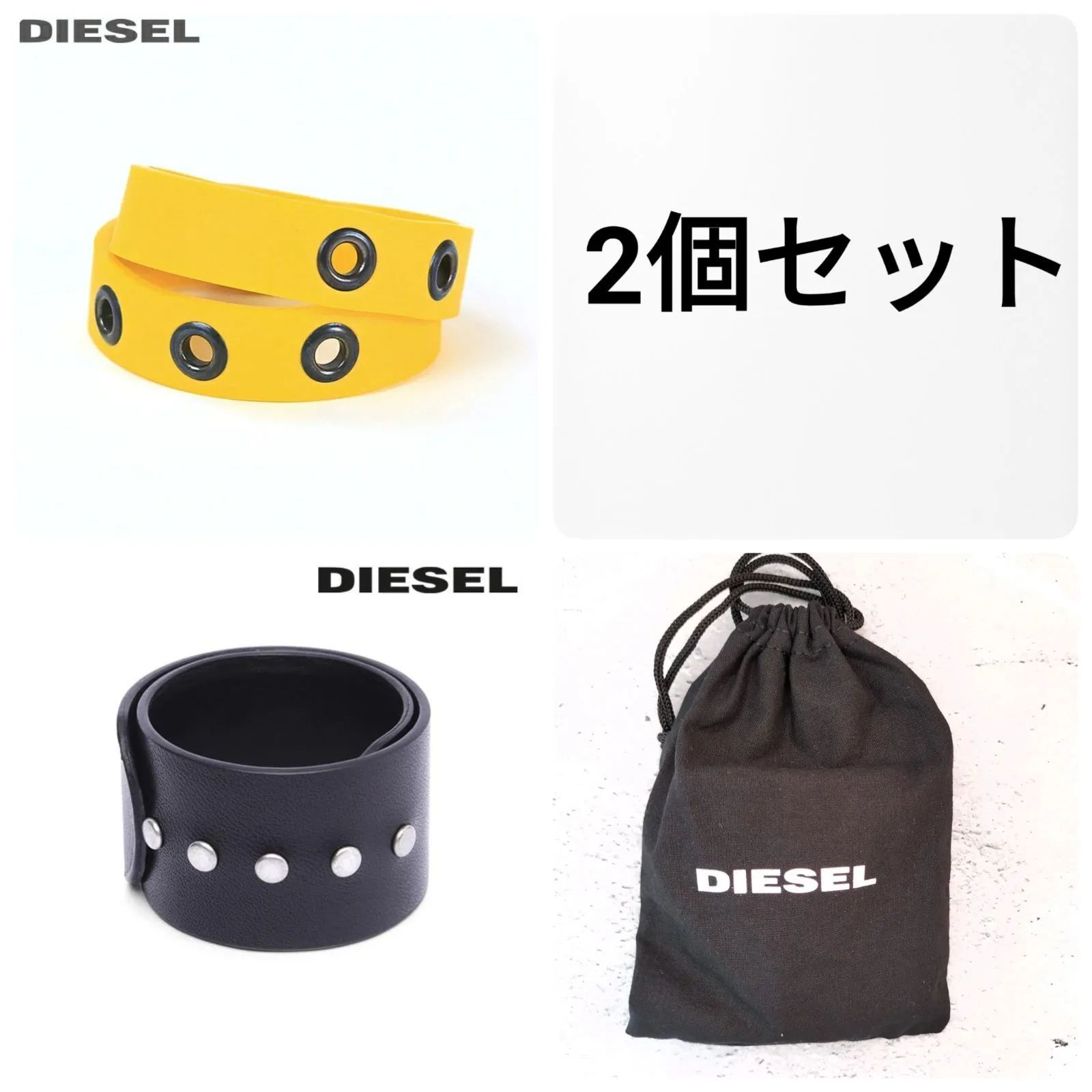 DIESEL ディーゼル メンズ レディース グロメット装飾 ラバーブレスレット 二重巻きブレスレット A-LUSIA サイズUNI イエロー  レザーブレスレット 男女兼用 牛革 本革 スタッズ装飾 パッチンブレス 日本語取扱説明書付き(2304241932)