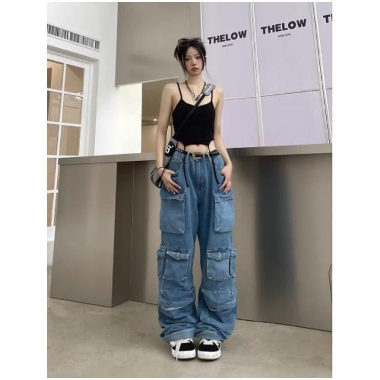 デニム ワイドパンツ ガウチョパンツ ワイドパンツ デニム レディース カーゴパンツ 多ポケット