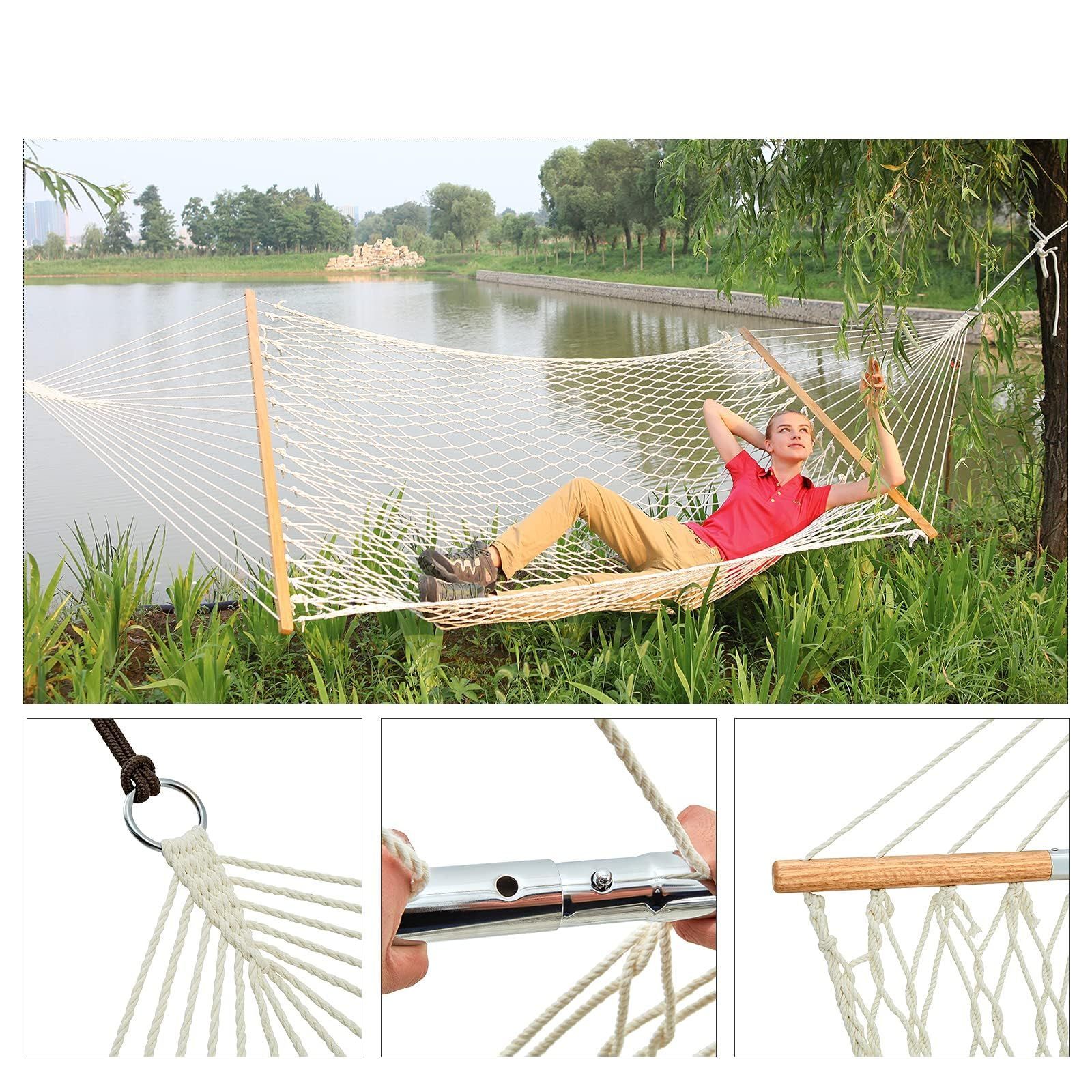 商品 折りたたみ コットン 公園 メッシュ 兼用 ピクニック 室外 通気 室内 耐荷重150kg 快適 木枠付き 軽量 二人用 ハンモック 携帯便利 KingCamp