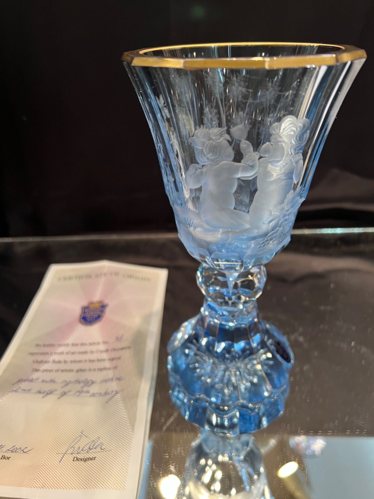 【限定品新品】ボヘミア　チェコ復刻アート　48 ゴブレット型花器　グラヴィール 花瓶・フラワースタンド