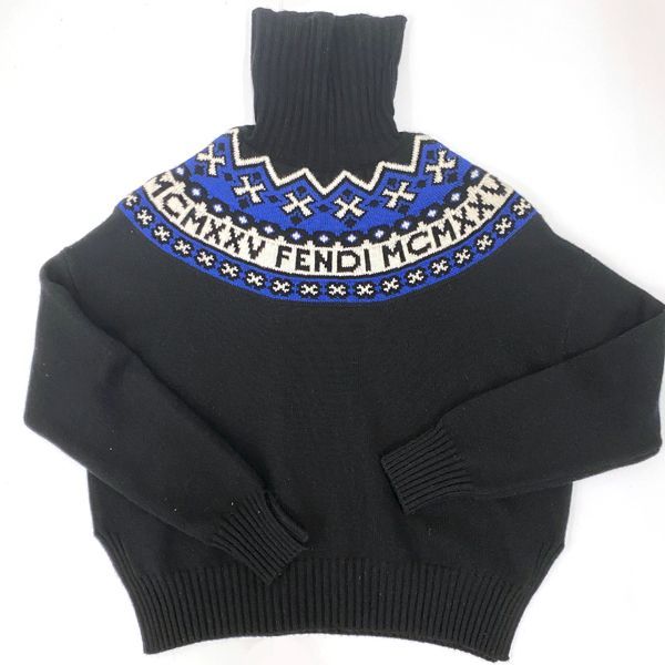 FENDI タートルニット #40 ウール70% カシミヤ30% ブラック×ブルー