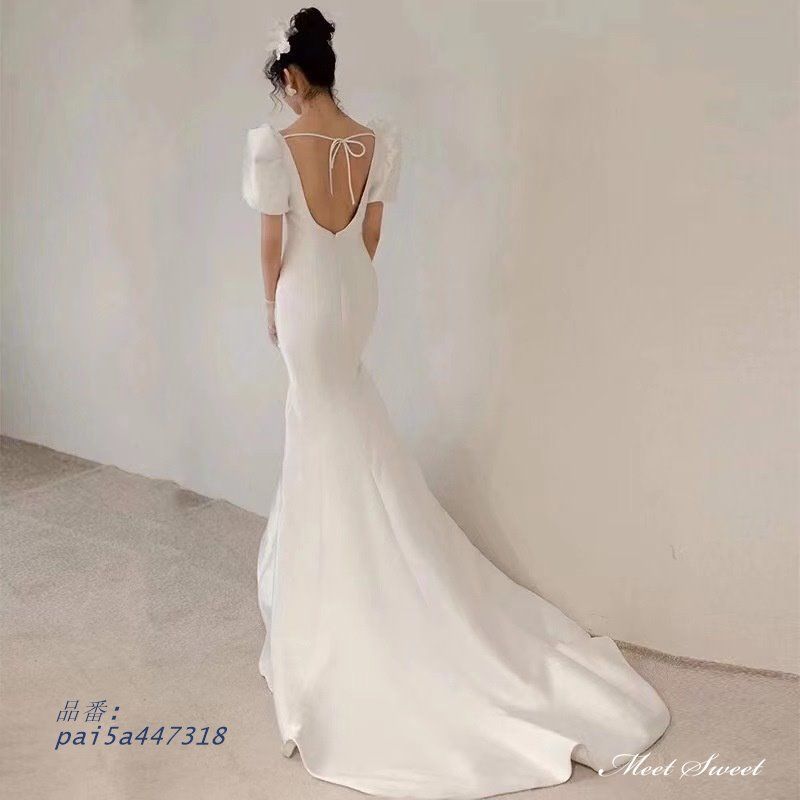 ウェディングドレス ロングドレス マーメイドドレス 半袖 バックレス リボン ウエディングドレス 後撮り 二次会 前撮り ブライダル サテン 結婚式 花嫁 pai5a447318