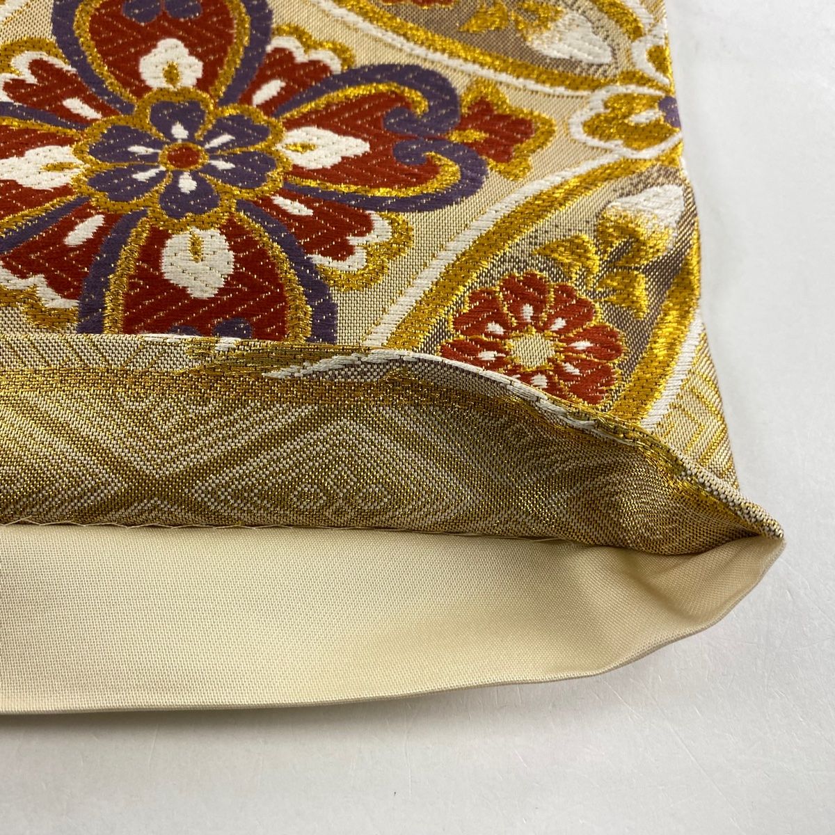 美品】 袋帯 秀品 七宝 花 箔 金糸 ベージュ 六通 正絹 【中古