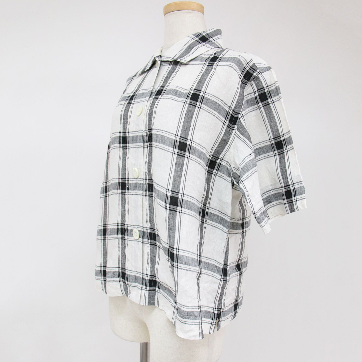 マーガレットハウエル 半袖 リネンシャツ Iサイズ 麻100% チェック柄 白黒 美品 MARGARET HOWELL マーガレットハウエル リネン シャツ