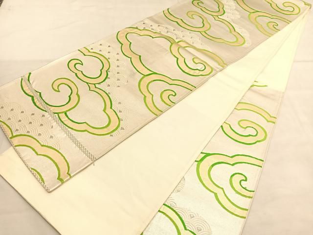 M203 夏帯 ブルー 花模様 流水 六通 正絹 袋帯 美品 絽袋帯 唐織 夏