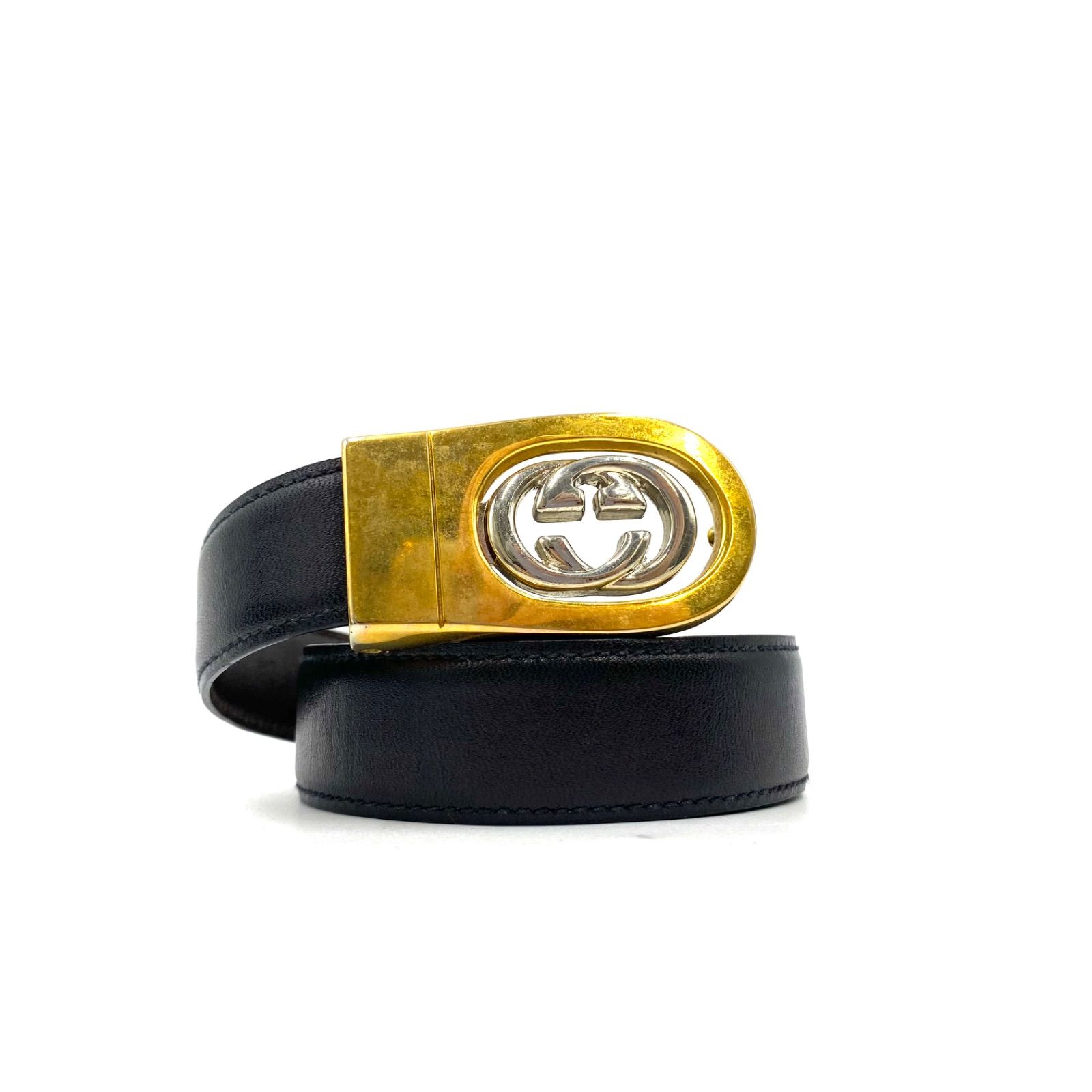 GUCCI グッチ OLD GUCCI グッチ ベルト ウエスト ロゴバックル レザー ブラック ゴールド金具 レディース