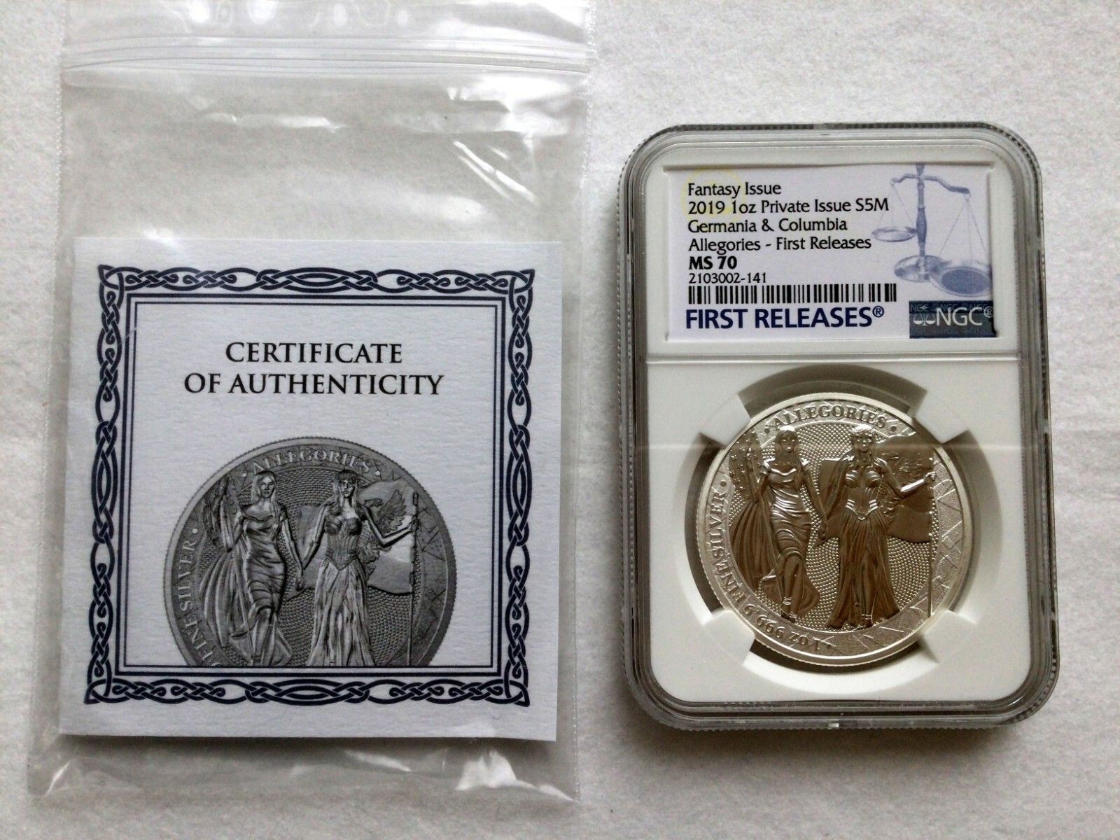 2019 5 Mark1 oz Silver Allegies Germania Columbia NGC MS70 First Releases