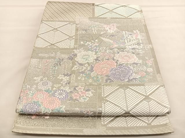 平和屋着物◎六通柄袋帯 唐織 色紙花鳥文 九百錦 プラチナ箔