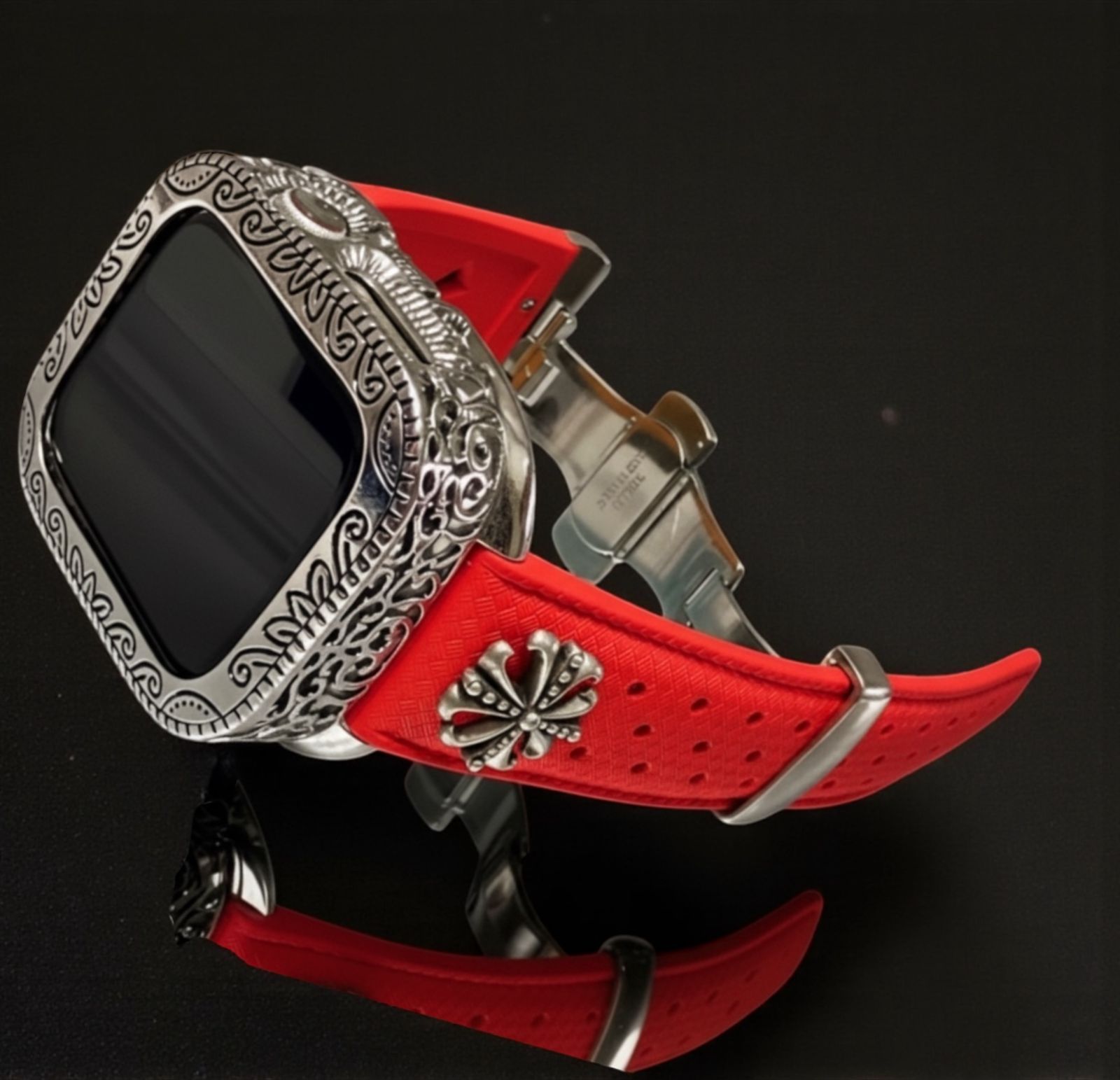 AppleWatchカスタム フッ素ラバー バンド 彫刻カバー ケース アップルウォッチ用 ベルト 44 45 46 49 SE Ultra 105