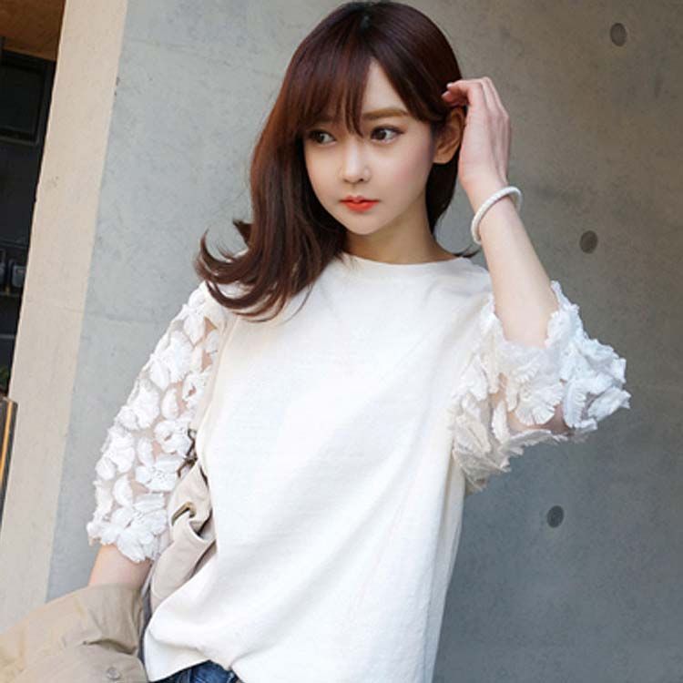 七分袖 レース袖 Tシャツ ブラウス トップス カットソー クルーネック