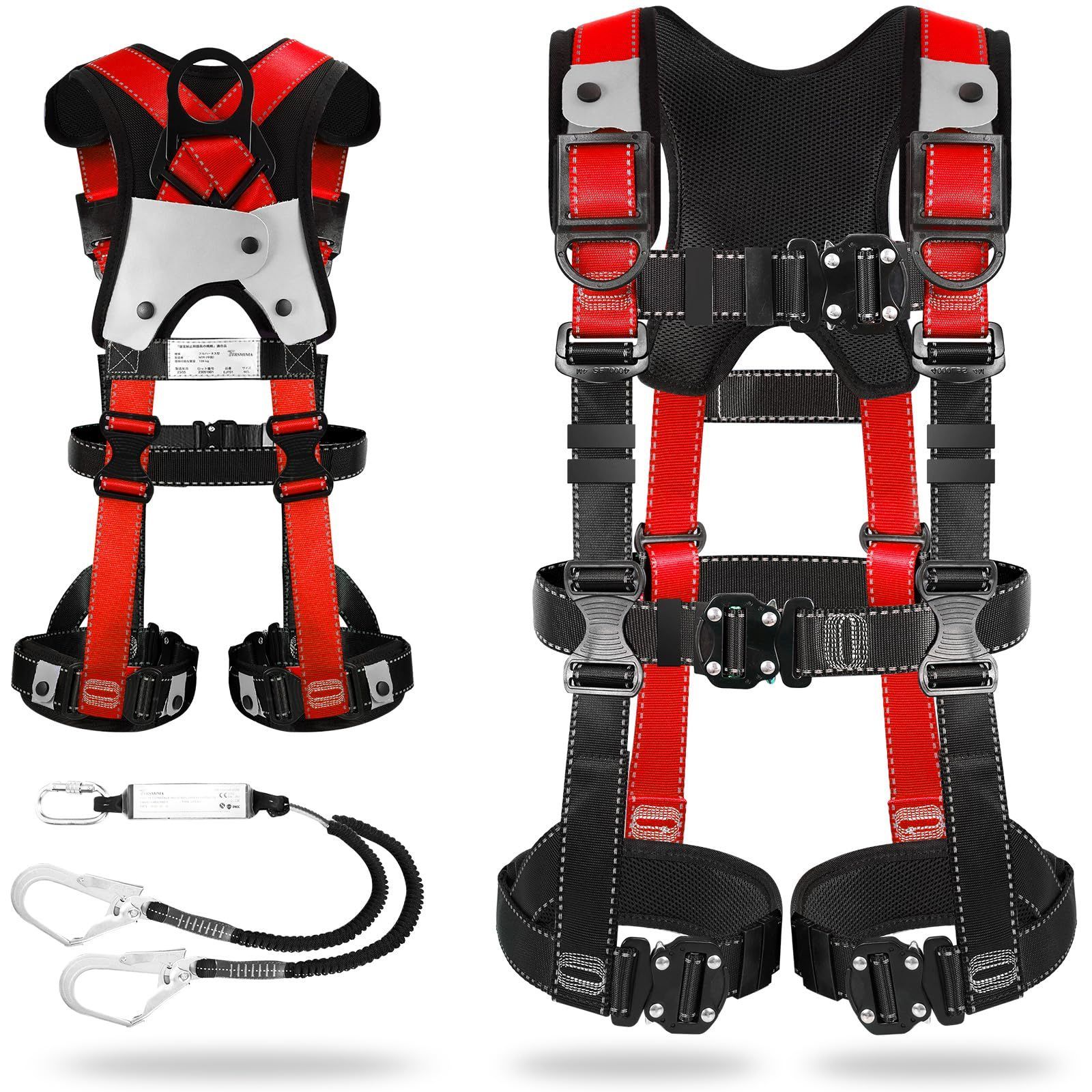 TT TRSMIMA フルハーネス 新規格 セット フルハーネス安全帯 - 安全保護 ワンタッチ バックル 脱着簡単 ハーネス安全帯 ランヤード付き 2丁掛け 肩パッド 収納袋付き 墜落制止用器具 高所作業用 電気工事 落下防止