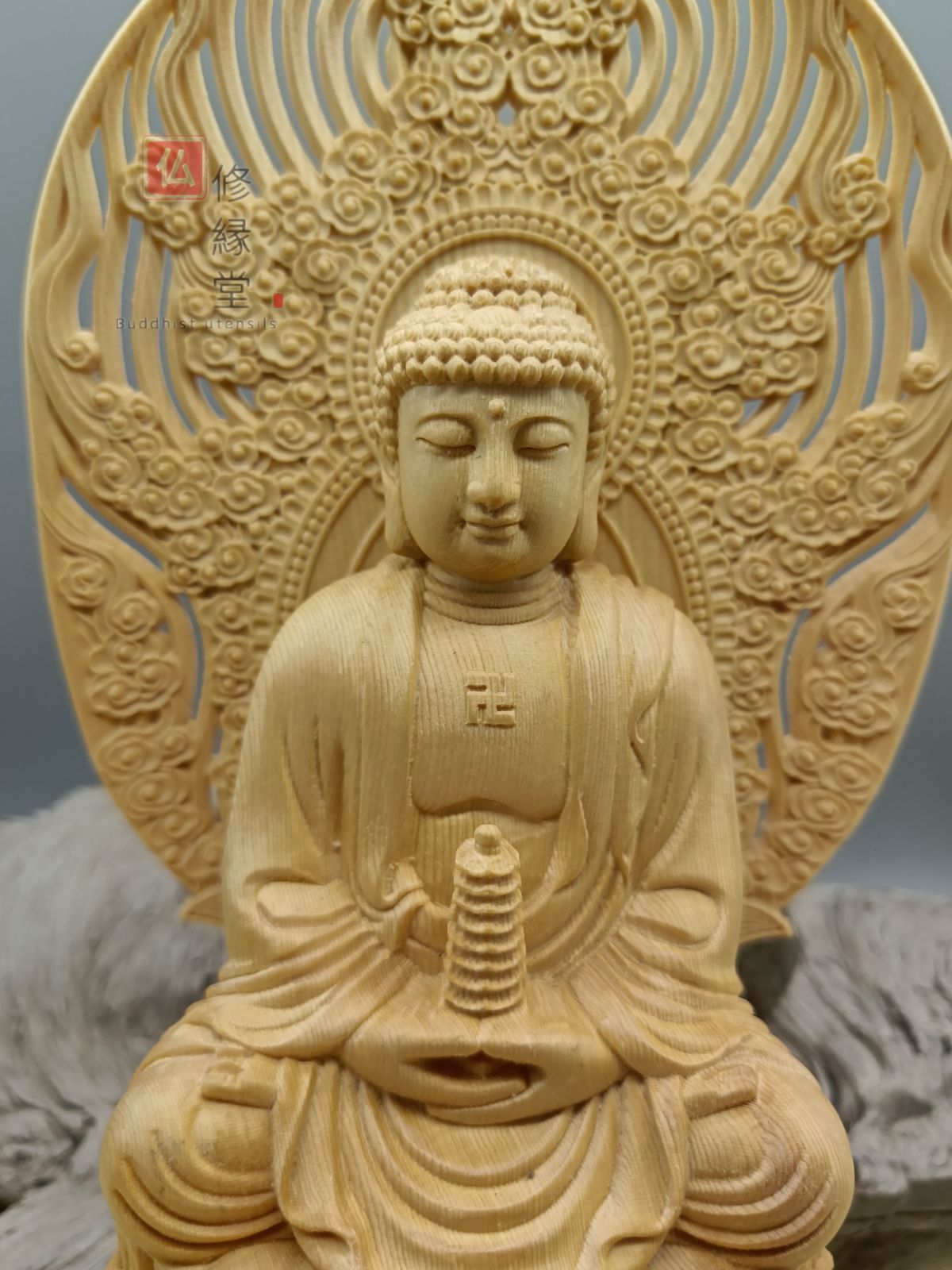 修縁堂】木彫仏像 薬師如来座像 薬師仏 彫刻 一刀彫 天然木檜材 仏教