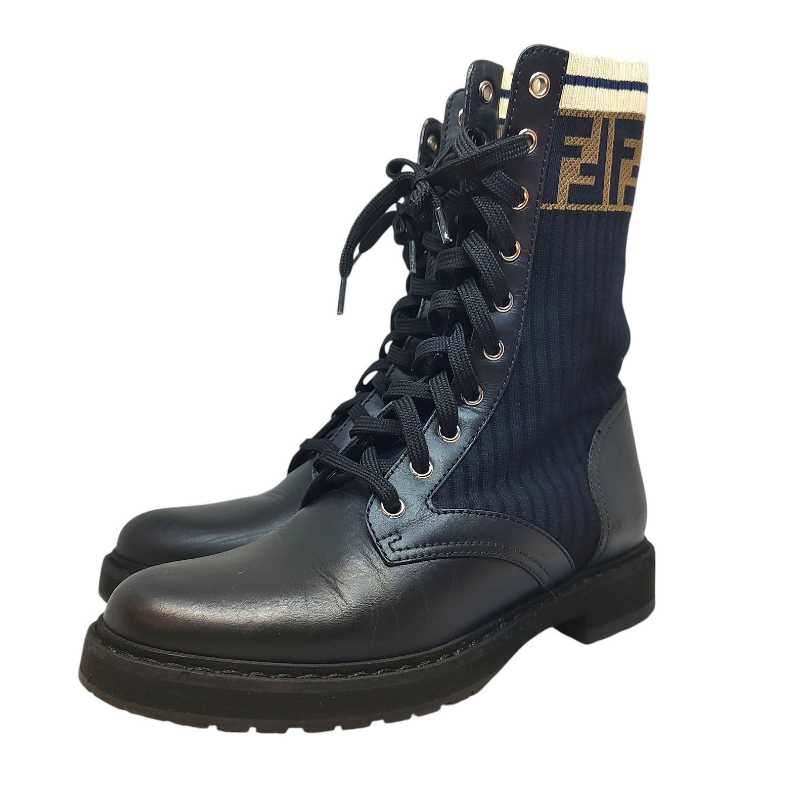 FENDI / レースアップブーツ/37/BLK FENDI フェンディ レースアップ ソックス レザー ブーツ 37 ブラック