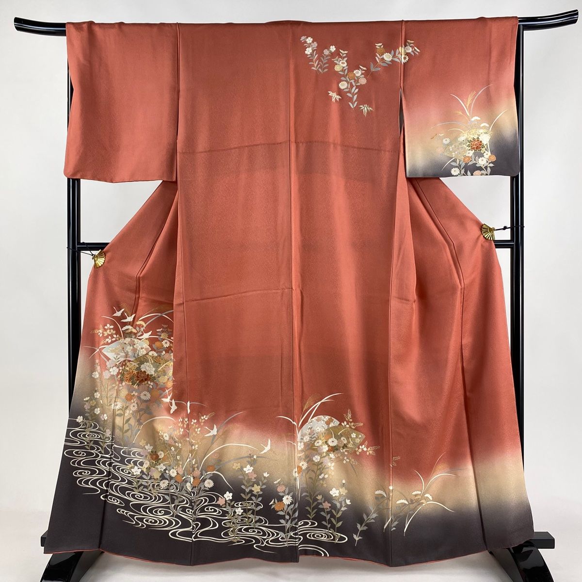 訪問着 身丈160.5cm 裄丈66.5cm M 袷 扇面 草花 金彩 ぼかし サーモンピンク 正絹 秀品