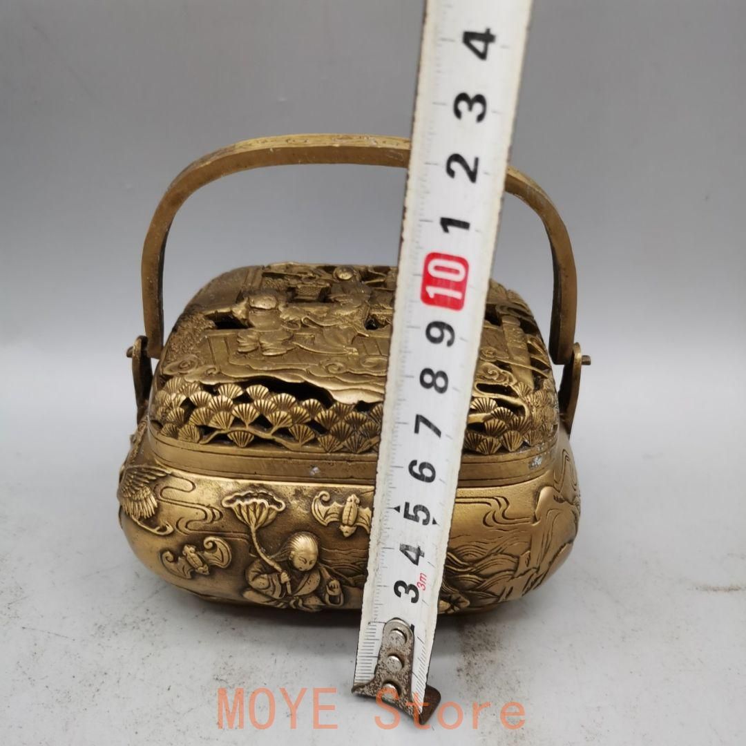 銅器 浮彫二仙香薫炉 手提げ暖手炉 香炉 香道具 装飾品 工芸品