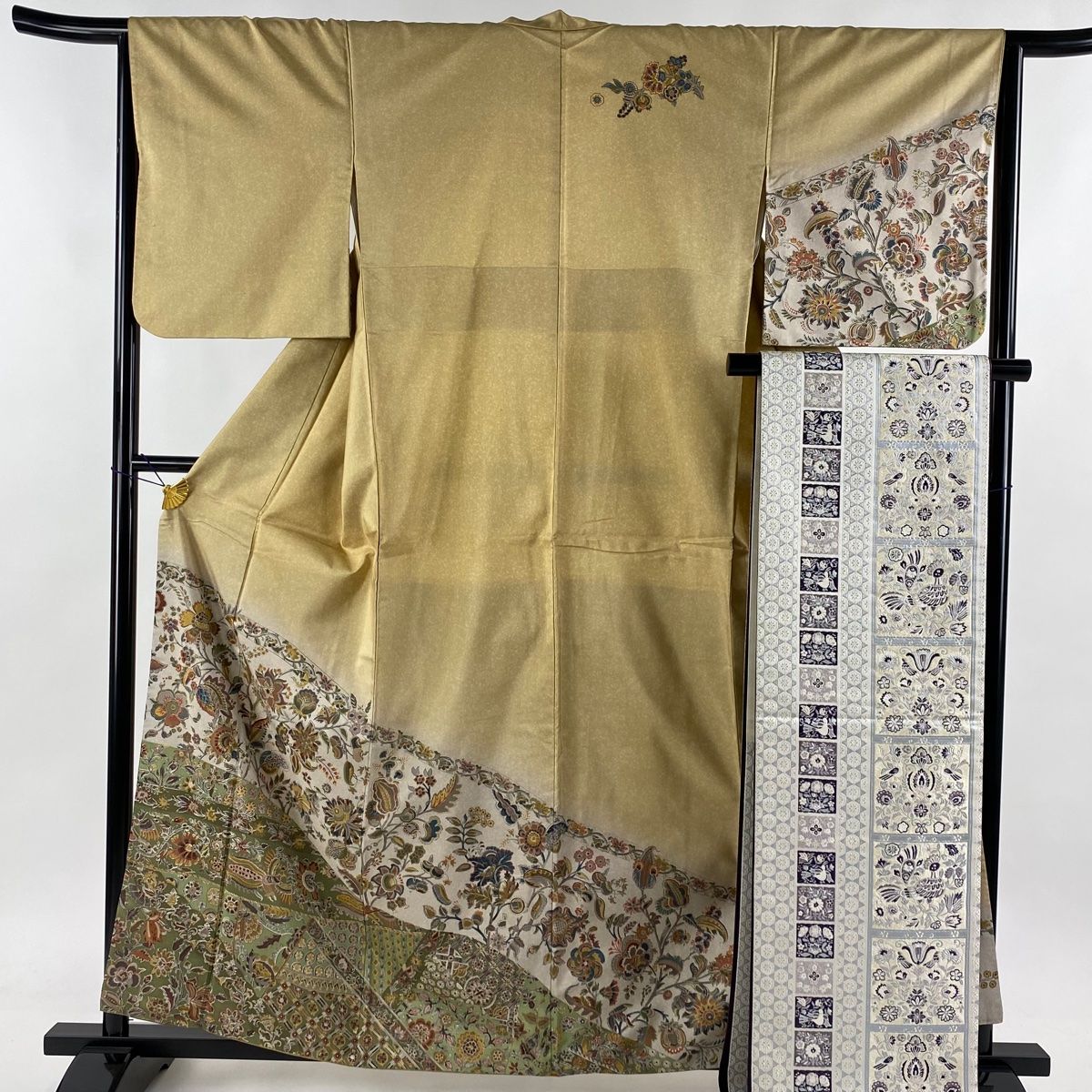 訪問着 身丈159.5cm 裄丈63cm S 袷 紬地 袋帯セット＋ 草花 鳳凰 ぼかし ベージュ 正絹 秀品