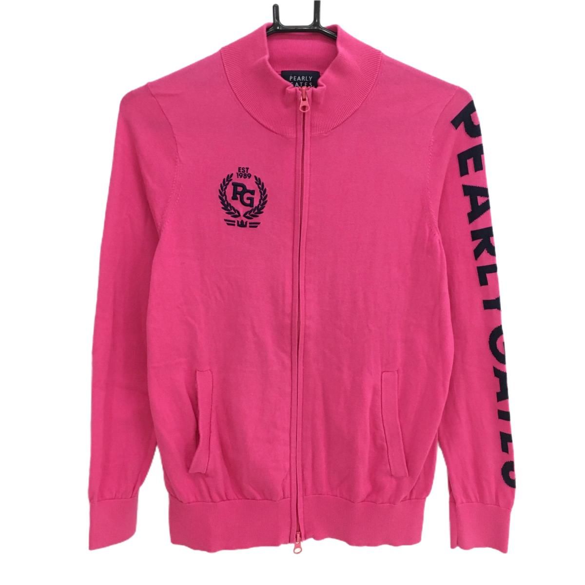 パーリーゲイツ ニットジャケット ピンク×ネイビー 袖ロゴ コットン100％ ブルゾン レディース 0(S) ゴルフウェア PEARLY GATES