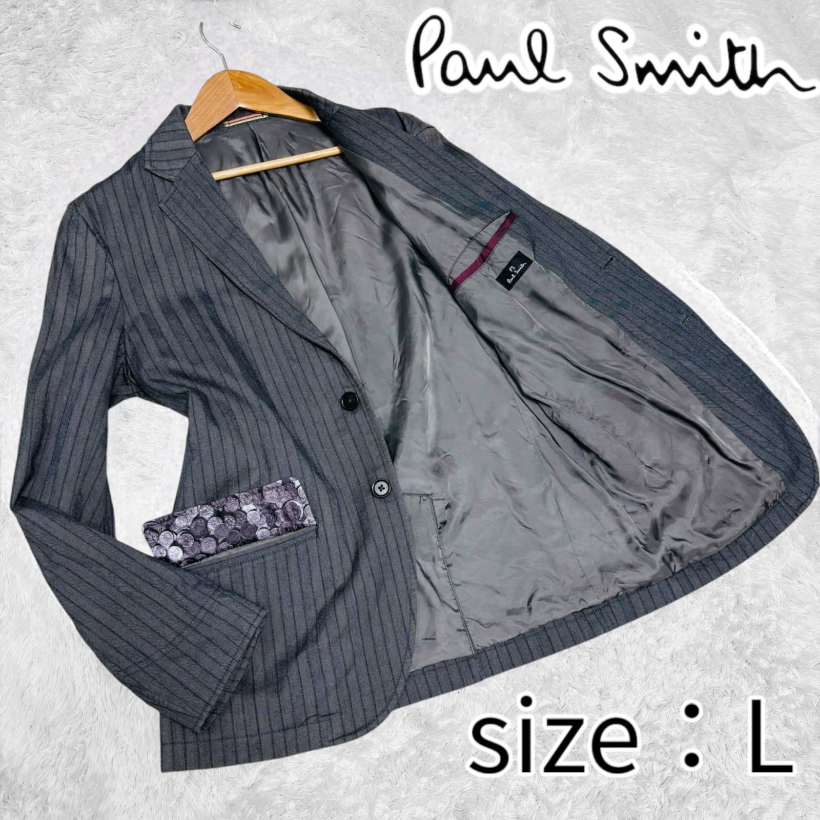 Paul Smith ポールスミス テーラードジャケット カジュアルジャケット サイズ L コイン柄 銀貨柄 外国通貨 グレー ストライプ コットン 総裏地 ストレッチ 日本製