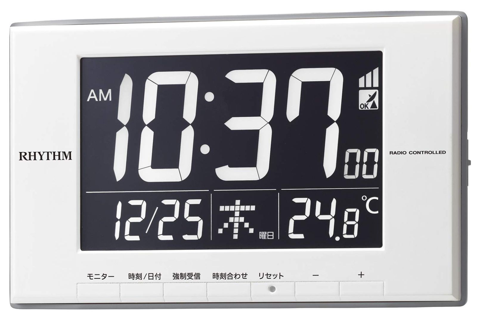 白 ライト式 LED 12x19.4x2.1cm カレンダー 温度計 電波時計