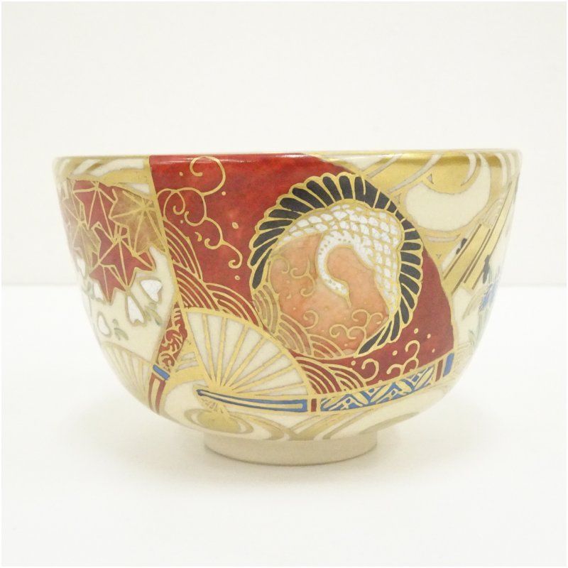 茶道具 色絵扇面波文茶碗 紫雲造 共箱(A425) 茶道具 色絵扇面波文茶碗 紫雲造 共箱(A425) 京焼 橋本紫雲造
