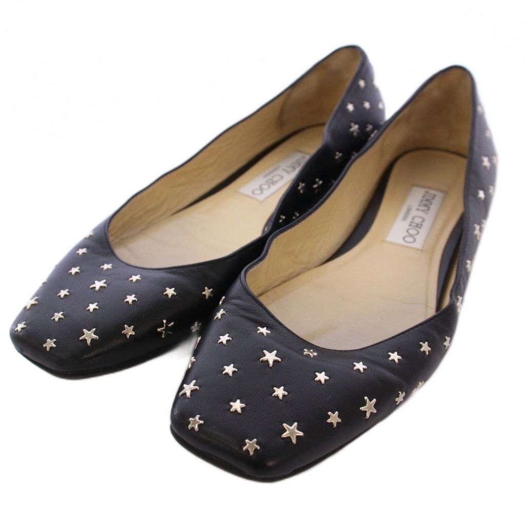 美品✨ ジミーチュウ レザー フラットパンプス 34 ブラック スタッズ ジミーチュウ JIMMY CHOO スタースタッズフラットシューズ