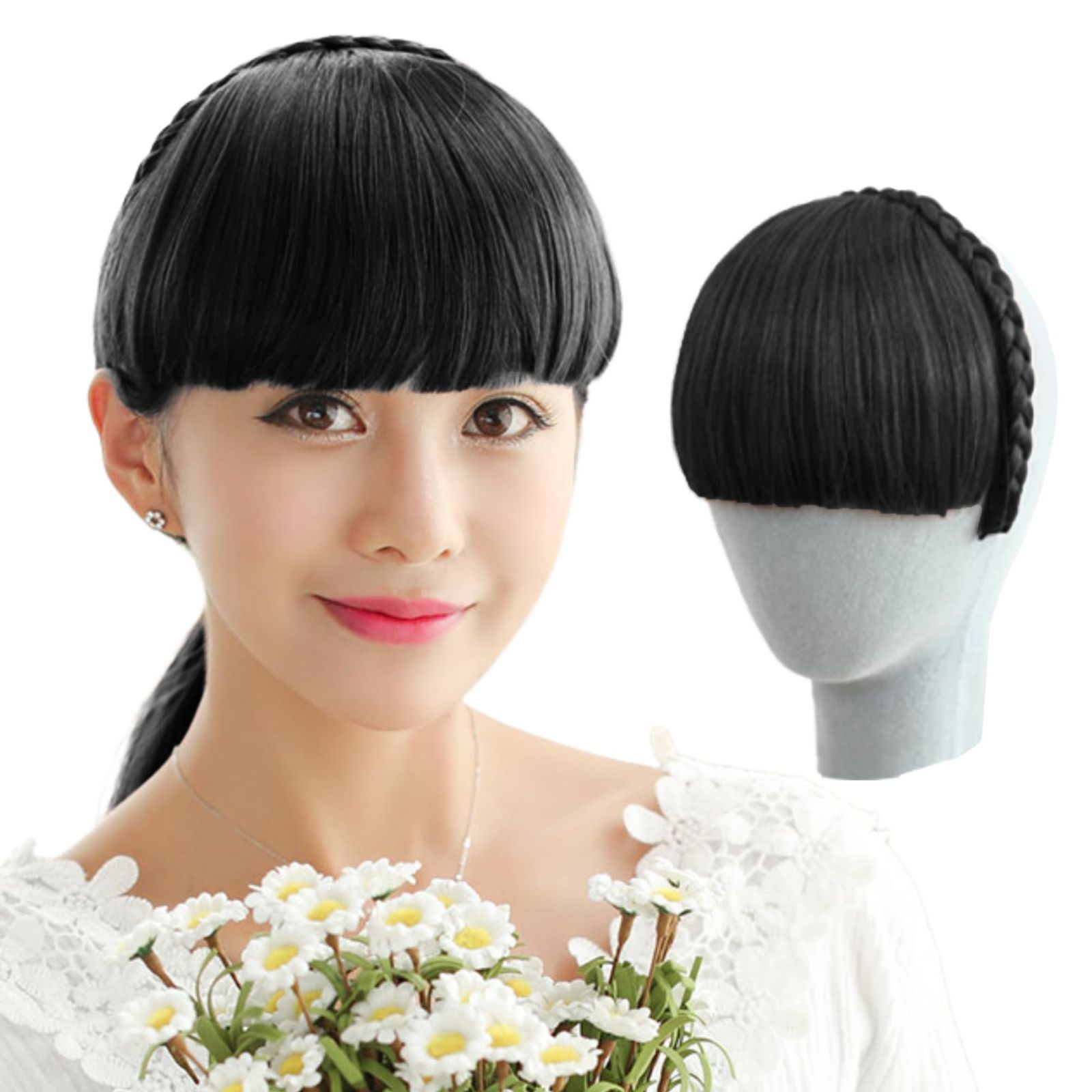 セール 三つ編み ぱっつん 厚め 部分ウィッグ 総手植 カチューシャ ポイントウィッグ 学園祭 前髪ウィッグ 文化祭 日常 GFun ナチュラルブラック