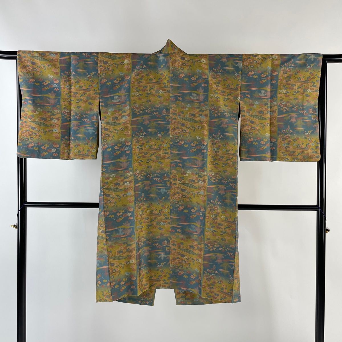 道中着 身丈104.5cm 裄丈66cm M 和装コート 着物衿 松竹梅 草花 青灰色  