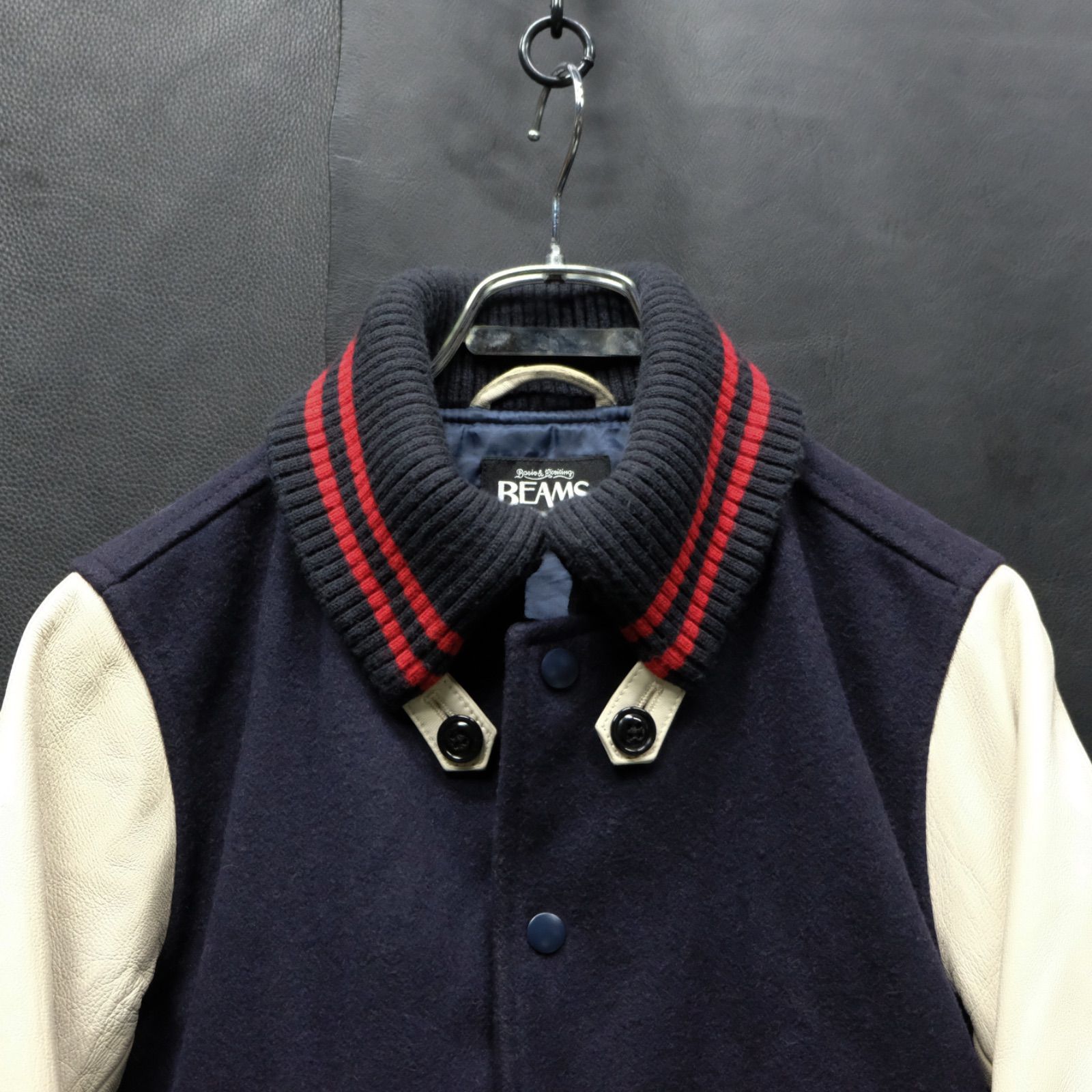 XLサイズ】【ネイビー】【極美品】【BEAMS】【スタジャン】【羊革】袖