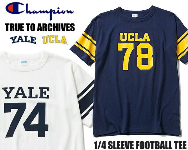 チャンピオン トゥルートゥーアーカイブス 1|4スリーブフットボール Tシャツ Champion TRUE TO ARCHIVES 1|4 SLEEVE FOOTBALL TEE c3-r339 NAVY UCLA WHITE YALE