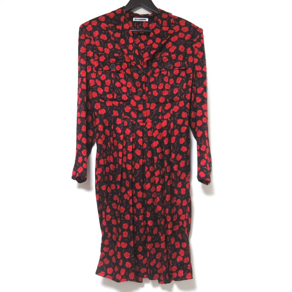 JIL SANDER ジルサンダー ヴィンテージ ローズプリント シルク ひざ丈 プルオーバー シャツワンピース 40 ブラック×レッド レディース 古着